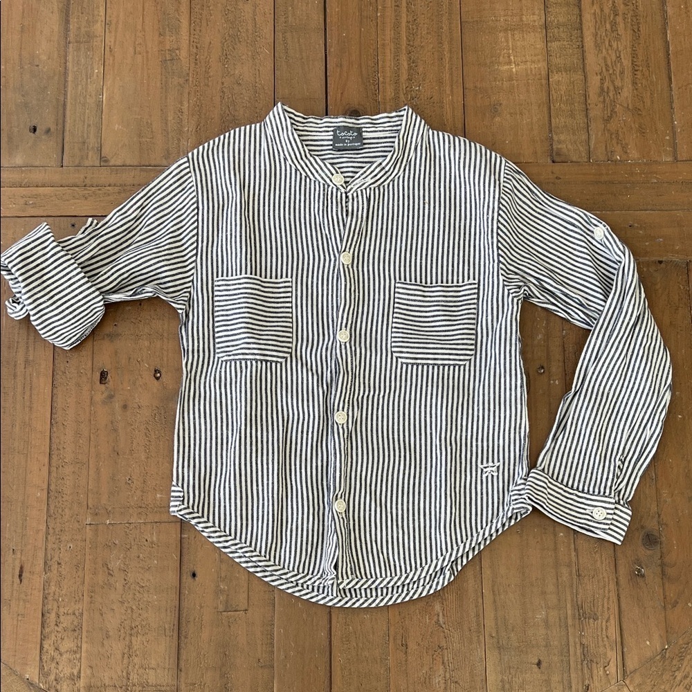 Tocoto vintage gray stripe roll cuff linen blend button up shirt kids size 6